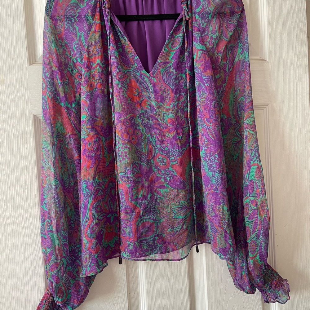 Ramy Brook Purple and Teal Paisley V-Neck Blouse
